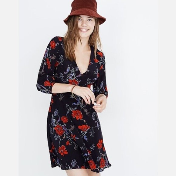 Madewell Silk Ruffle-Waist Fully Lined Dress Floral Flowers Black Red Sz 10 VGC - Picture 1 of 8